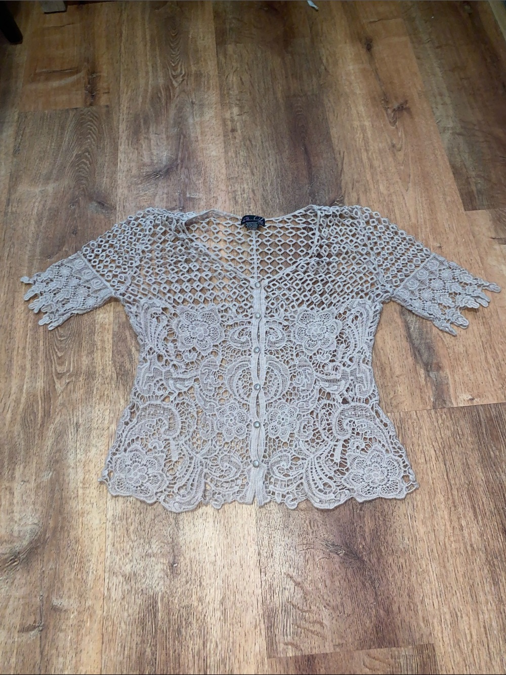 Openwork Crochet Button-Front Blouse - Beige